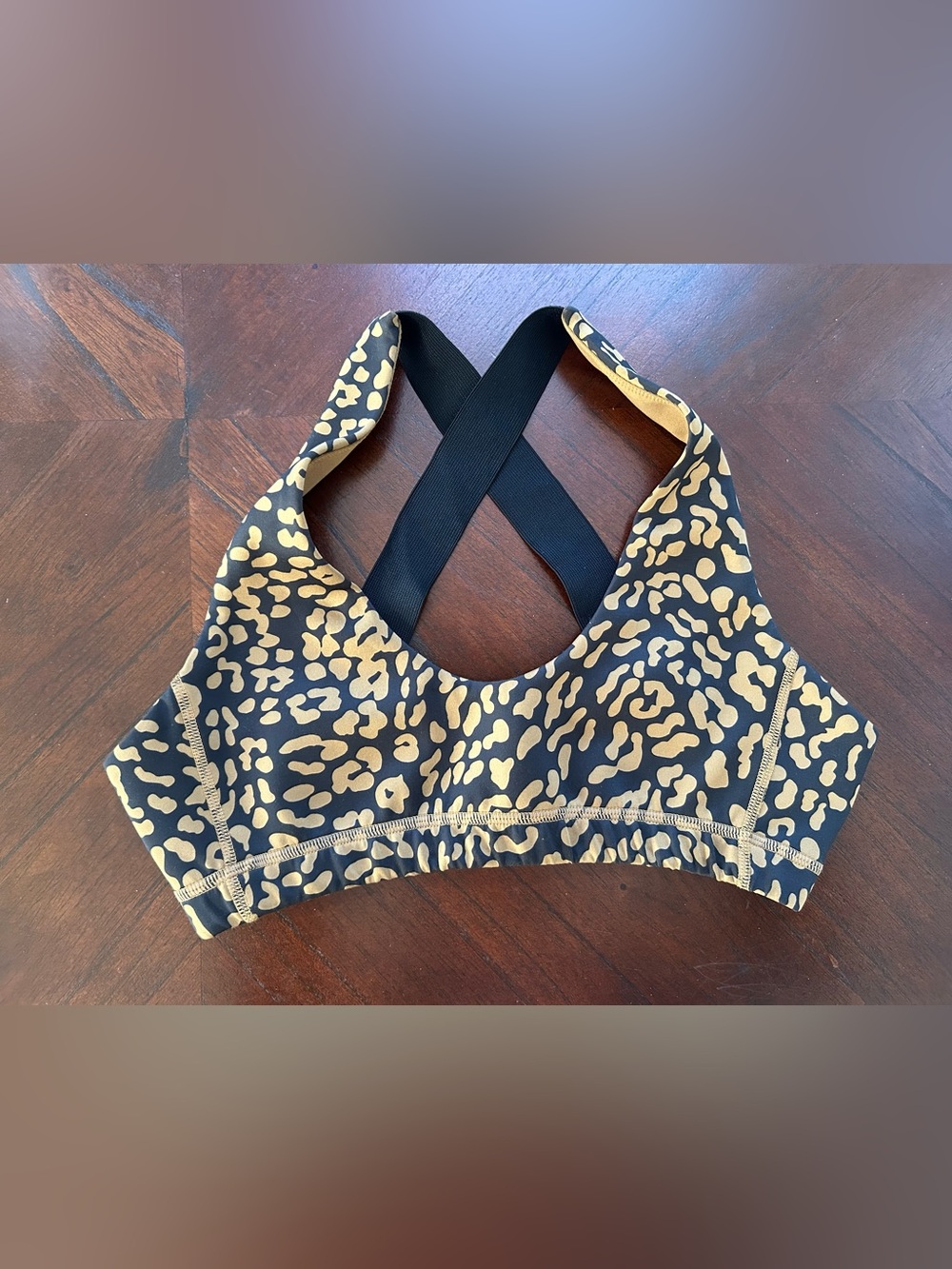 TAN + lines Leopard Print Crossback Sports Bra - Black & Tan size M